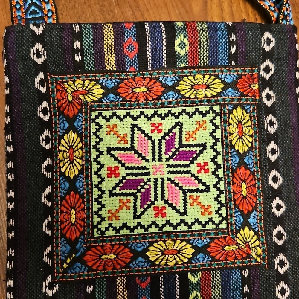 Boho Crossbody Bag Aztec/Mexican Design w Fringe & Wooden Beads Woven Pattern - Picture 3 of 10